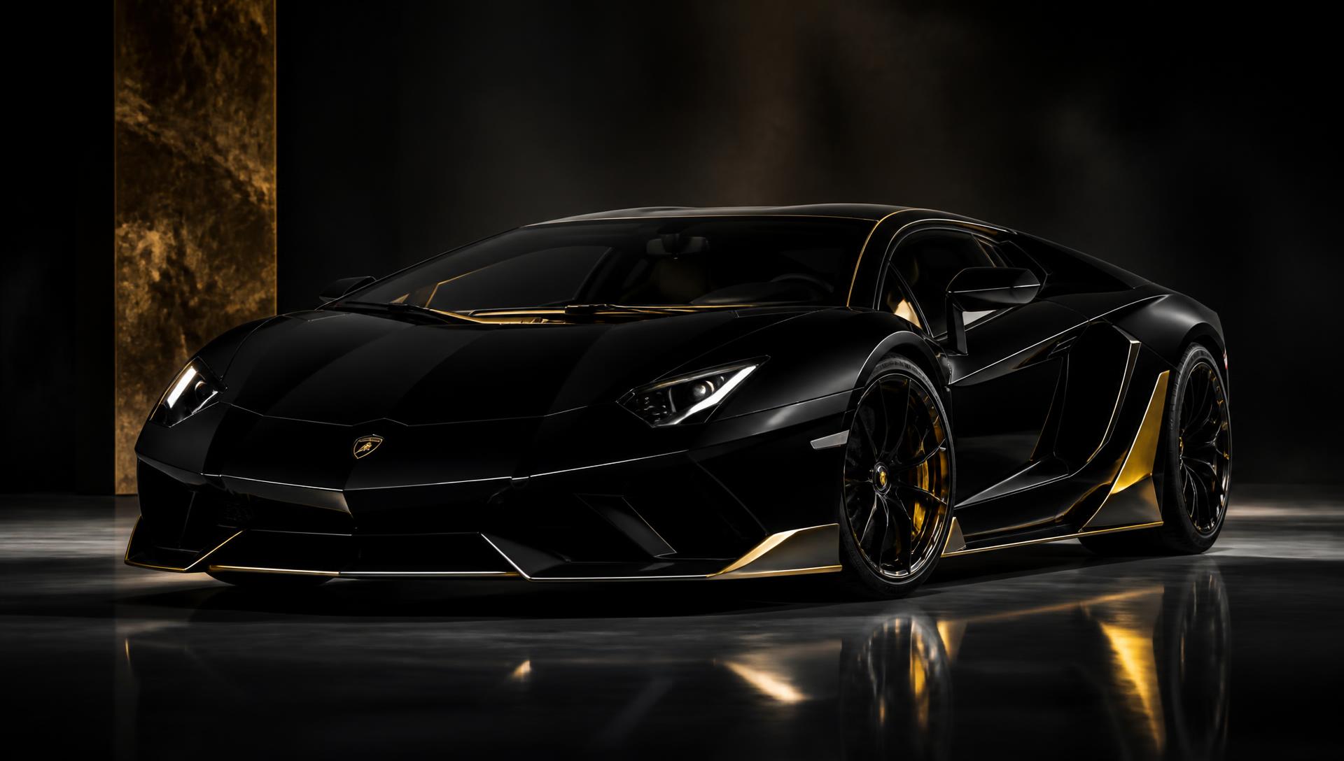 Black and gold supercar in a dramatic studio